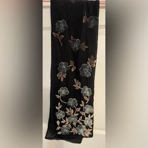 Chic Silky Black Scarf with Velvet Floral Embroidery